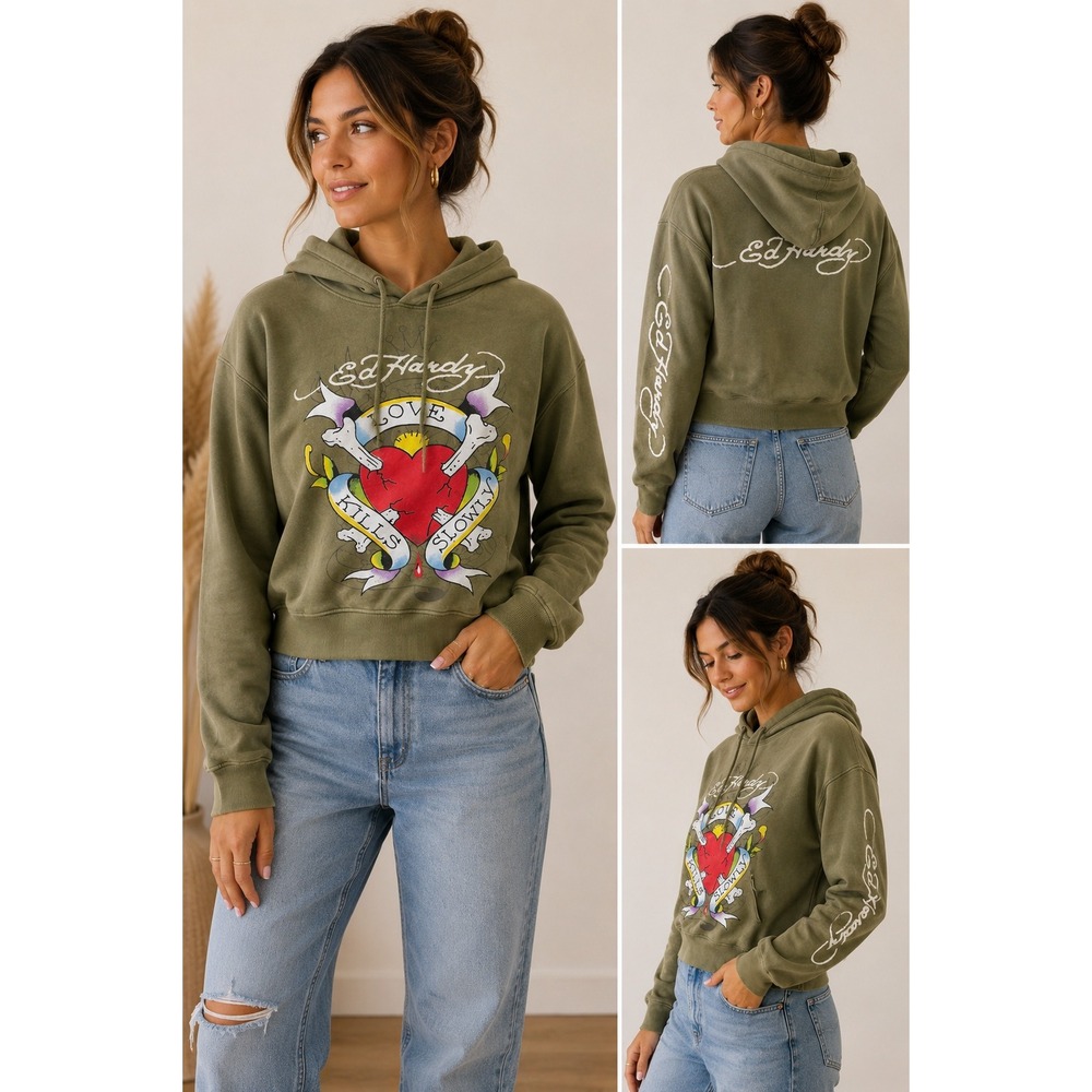 Ed Hardy Hoodie Women Medium Y2K Aesthetic Olive Green Love Kills Slowly Crop